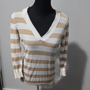 LOFT V-Neck Sweater - Cream and Tan Stripes
